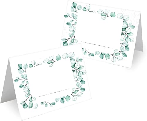 Tischkarten Blanko Hochzeit Geburtstag DIN A7 - Design Platzkarten zum Beschriften in vielen verschiedenen Designs (50x Stück, Eukalyptus Kranz) von MAVANTO