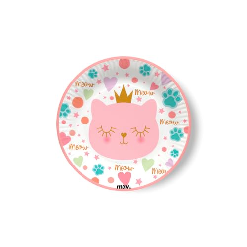 Maverick Partyteller Pappteller mit rosa Katze, Pfoten und Elementen, kleine Teller für Partys und Geburtstage Kinder und Erwachsene mit Kätzchen und Krone, 8 Stück, Durchmesser 18 cm, Made in Europe von MAVERICK party design