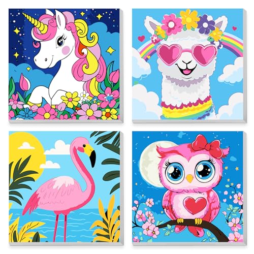 MAXBYE 4 Stück Malen Nach Zahlen Kinder mit Rahmen, Kinder ab 5-12 Cartoon Tiere Malen Nach Zahlen, DIY Einhorn Alpaka Flamingo Eule Handgemalt Ölgemälde Kit Acrylfarben Painting für Geschenk 20x20cm von MAXBYE