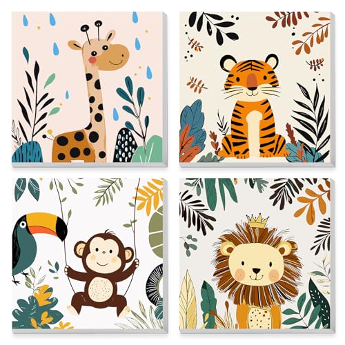 MAXBYE 4 Stück Malen Nach Zahlen Kinder mit Rahmen, Kinder ab 5-12 Cartoon Tiere Malen Nach Zahlen, DIY Paint by Numbers Handgemalt Ölgemälde Kit Leinwand Acrylfarben Painting für Geschenk 20x20cm von MAXBYE