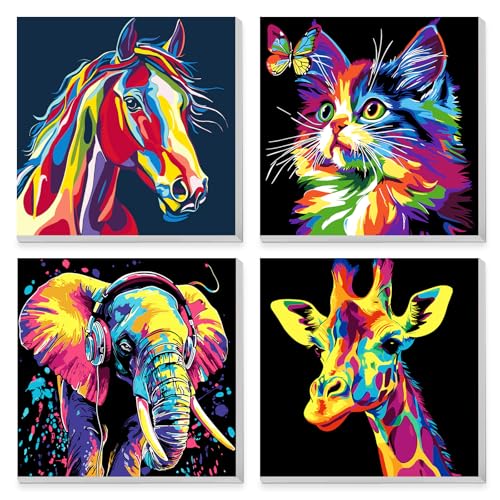 MAXBYE 4 Stück Malen Nach Zahlen Kinder mit Rahmen, Kinder ab 5-12 Farbe Tiere Malen Nach Zahlen, DIY Katze Pferd Elefant Giraffe Handgemalt Ölgemälde Kit Acrylfarben Painting für Geschenk 20x20cm von MAXBYE