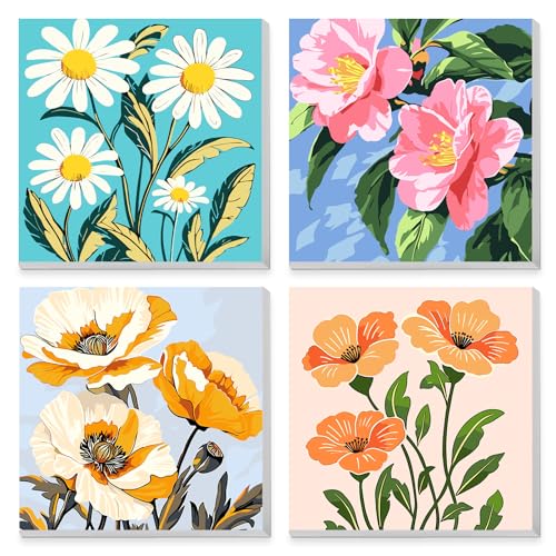 MAXBYE 4 Stück Malen Nach Zahlen Kinder mit Rahmen, Kinder ab 5 6 7 8 9 Blume Paint by Numbers Erwachsene, DIY Handgemalt Ölgemälde Kit Leinwand Acrylfarben Painting für Home Décor Geschenk 20x20cm von MAXBYE