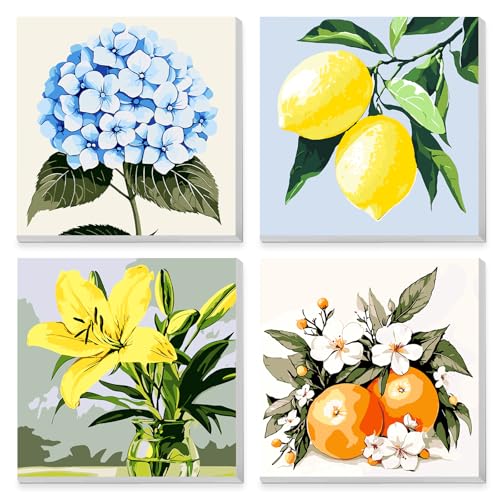 MAXBYE 4 Stück Malen Nach Zahlen Kinder mit Rahmen, Kinder ab 5 6 7 8 9 Blume Paint by Numbers Erwachsene, DIY Zitrone Handgemalt Ölgemälde Kit Acrylfarben Painting für Home Décor Geschenk 20x20cm von MAXBYE