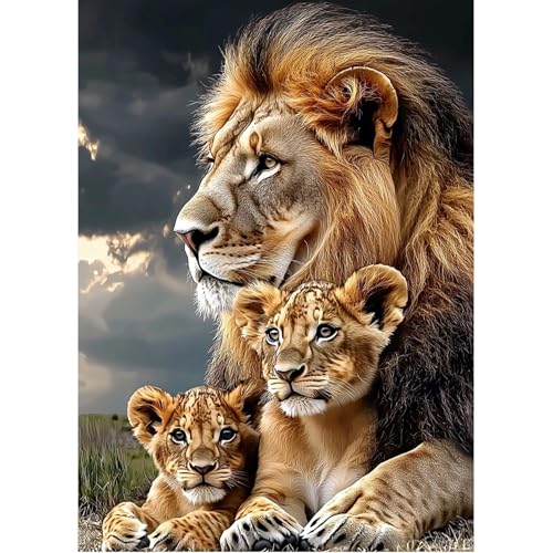 MAXBYE 5D Löwenfamilie Diamond Painting Art Kits für Erwachsene, DlY Vollbohrerbild Diamant Kunst Set Kreuzstich Einfache Kits für Anfänger, Crystal Malerei Home Wand Dekor Gift 30x40cm von MAXBYE