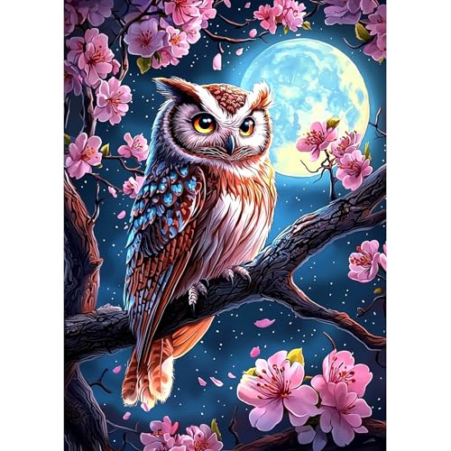 MAXBYE 5D Süße Eule Diamond Painting Art Kits für Erwachsene, DlY Mondlicht Vollbohrerbild Diamant Kunst Set Kreuzstich Einfache Kits für Anfänger, Crystal Malerei Home Wand Dekor Gift 30x40cm von MAXBYE