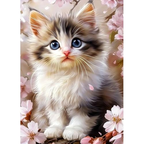 MAXBYE 5D Süße Katze Diamond Painting Art Kits für Erwachsene, Kirschblüten DlY Vollbohrerbild Diamant Kunst Set Kreuzstich Einfache Kits für Anfänger, Crystal Malerei Home Wand Dekor Gift 30x40cm von MAXBYE