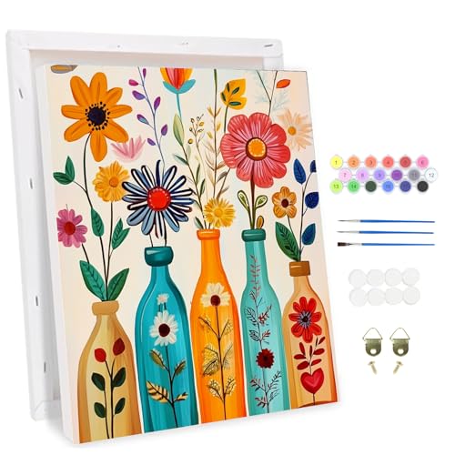 MAXBYE Blumen Malen Nach Zahlen Erwachsene mit Rahmen, Farbige Flaschen Paint by Numbers, DIY Handgemalt Ölgemälde Kit Leinwand Acrylfarben Painting für Heimdekoration Kunstwerk Geschenk 30x40cm von MAXBYE