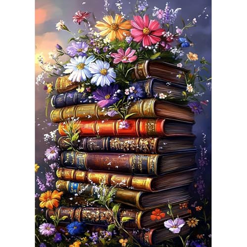 MAXBYE Bücher Blumen Diamond Painting Art Kits, 5D Diamond Kunst Komplett Set DIY Gem Kunsthandwerk für Erwachsene Anfänger, Runde Diamant Bilder Kristall Kreuzstich Home Wall Decor Geschenk 30x40cm von MAXBYE
