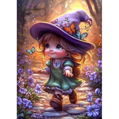 MAXBYE DIY 5D Diamond Painting Kits für Erwachsene, Süße Elfe mit Lila Hut Diamond Art Kit Full Drill Crystal Malerei Kunsthandwerk Schmetterling Diamant Kreuzstich Geschenke Home Wall Dekor 30x40cm von MAXBYE