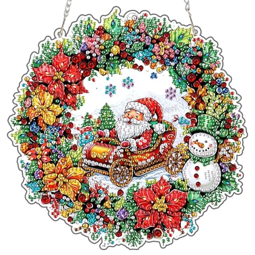 MAXBYE Diamond Painting Art Fensterbilder Für Erwachsene, Weihnachtsmann Diamond Painting Pendant Anhänger Kristall Window Pictures mit Kette, DIY Juwel Wreath Pendant Für Fenster Wand Decor 20x20cm von MAXBYE
