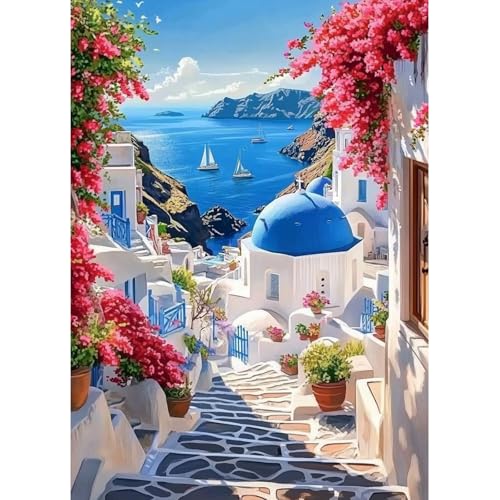 MAXBYE Diamond Painting Art Kits, 5D Griechische Stadt Diamond Kunst Komplett Set DIY Gem Kunsthandwerk für Erwachsene Anfänger, Runde Diamant Bilder Kristall Kreuzstich Home Wall Decor 30x40cm von MAXBYE