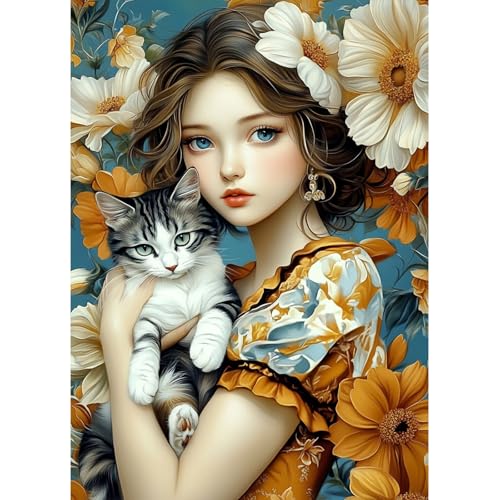 MAXBYE Diamond Painting Erwachsene, 5D Diamant Painting Hübsche Frau und Kätzchen DIY Diamant Bilde, Runde Diamant Bilder Kristall Kreuzstich Für Wohnzimmer & Schlafzimmer Decor Geschenk 30x40cm von MAXBYE