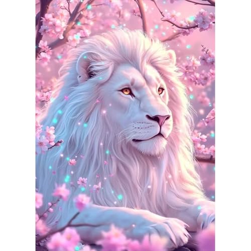 MAXBYE Diamond Painting Erwachsene, 5D Diamond Art Komplett Set DIY Weißer Löwe Diamant Bilder Anfänger, Rosa Blumen Runde Diamant Bilder Kristall Kreuzstich Für Heimdekoration Geschenk 30x40cm von MAXBYE