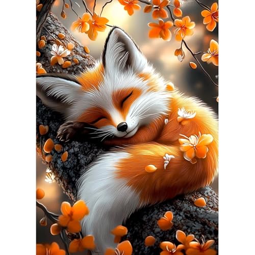 MAXBYE Diamond Painting Erwachsene, 5D Diamond Art Tier Komplett Set DIY Schlafender Fuchs Diamant Bilder Anfänger, Runde Diamant Bilder Kristall Kreuzstich Für Heimdekoration Geschenk 30x40cm von MAXBYE