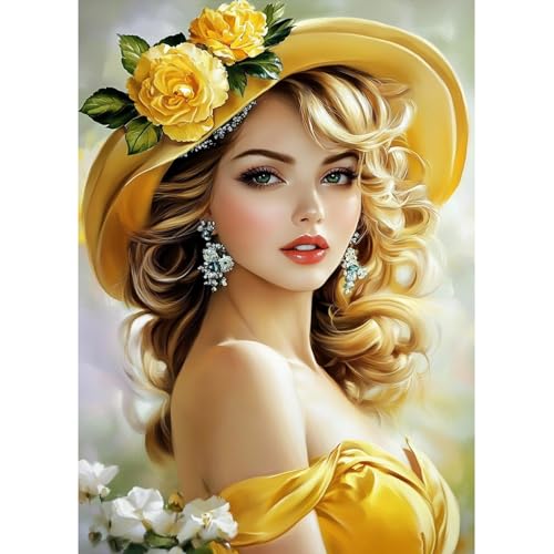 MAXBYE Diamond Painting Erwachsene Kits, 5D Schöne Frau Diamond Art Kunst Komplett Set Anfänger, DIY Gelbe Blumen Gem Kunsthandwerk Runde Diamant Bilder Kristall Kreuzstich Home Wall Decor 30x40cm von MAXBYE