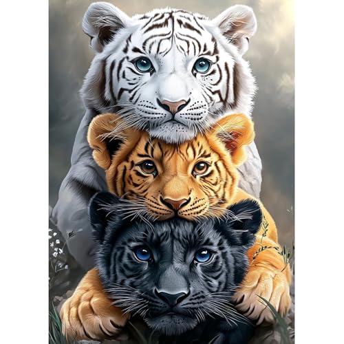 MAXBYE Diamond Painting Kits Tier Erwachsene, Diamond Art Komplett Set DIY Drei Tiger Diamant Bilder Anfänger, Runde Diamant Bilder Kristall Kreuzstich Für Wohn- & Schlafzimmer Decor Geschenk 30x40cm von MAXBYE