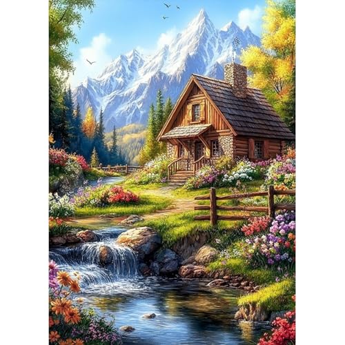 MAXBYE Diamond Painting Landscape Art Kits, 5D Häuser Fluss Diamond Kunst Komplett Set DIY Gem Kunsthandwerk für Erwachsene Anfänger, Runde Diamant Bilder Kristall Kreuzstich Home Wall Decor 30x40cm von MAXBYE