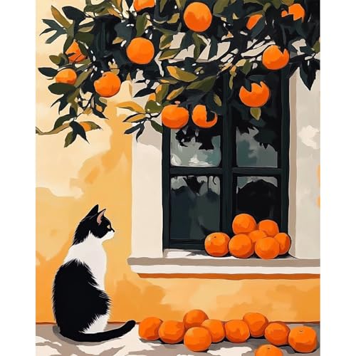 MAXBYE Katze Malen Nach Zahlen Erwachsene, Orange Bäume Paint by Numbers DIY Handgemalt Ölgemälde Kit Leinwand Acrylfarben Painting für Home Decor Geburtstag Weihnachten Geschenk, Ohne Rahmen 40x50cm von MAXBYE