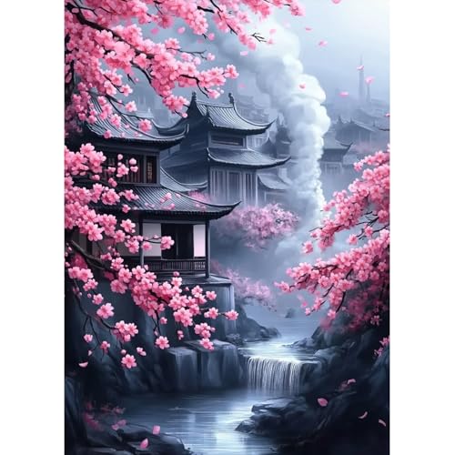 MAXBYE Kirschblüten Diamond Painting Art Kits, 5D Diamond Kunst Komplett Set DIY Gem Kunsthandwerk für Erwachsene Anfänger, Haus Runde Diamant Bilder Kristall Kreuzstich Home Wall Decor 30x40cm von MAXBYE