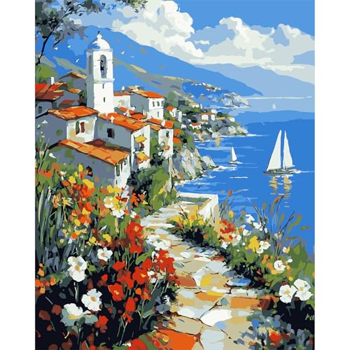 MAXBYE Landschaft Malen Nach Zahlen Erwachsene, Meeresküste Häuser Paint by Numbers DIY Handgemalt Ölgemälde Kit Leinwand Acrylfarben Painting für Home Decor Geburtstag Geschenk, Ohne Rahmen 40x50cm von MAXBYE
