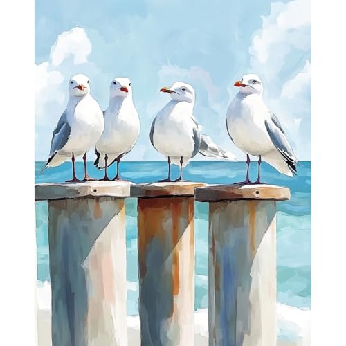 MAXBYE Möwen Malen Nach Zahlen Erwachsene, Paint by Numbers DIY Handgemalt Ölgemälde Kit Leinwand Acrylfarben Painting für Home Decor Geburtstag Geschenk, Ohne Rahmen 40x50cm von MAXBYE