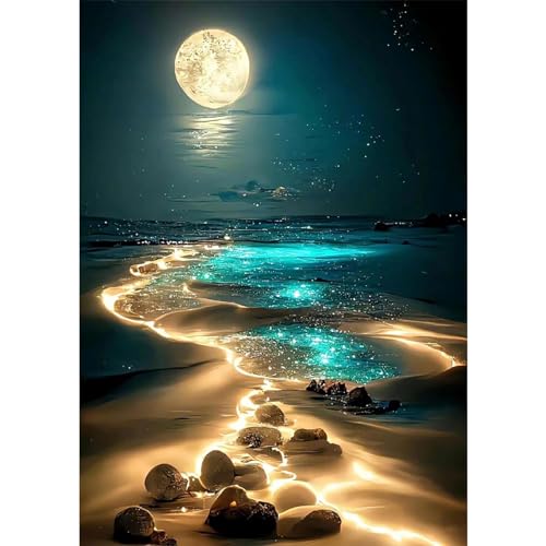 MAXBYE Mond DIY Diamond Painting für Erwachsen, Strand 5D Diamond Painting Bilder Set, Malen nach Zahlen Diamant Anfänger Cross Stickerei Malerei Kits Wand Dekor 30x40cm von MAXBYE
