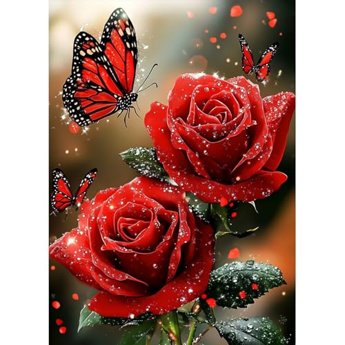 MAXBYE Rote Rose Diamond Painting Art Kits für Erwachsene, Schmetterling Diamond Kunst Komplett Set DIY Gem Kunsthandwerk Für Anfänger, 5D Diamant Bilder Kristall Kreuzstich Home Wall Decor 30x40cm MAXBYE Rote Rose Diamond Painting Art Kits für Erwachsene, Schmetterling Diamond Kunst Komplett Set DIY Gem Kunsthandwerk Für Anfänger, 5D Diamant Bilder Kristall Kreuzstich Home Wall Decor 30x40cm von MAXBYE