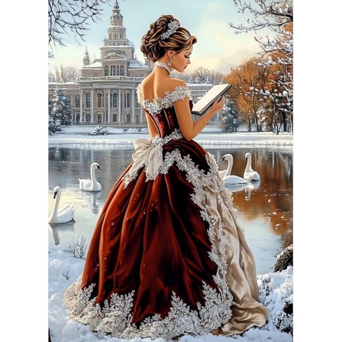 MAXBYE Rotes Kleid Dame Diamond Painting Art Kits, 5D Diamond Kunst Komplett Set DIY Gem Kunsthandwerk für Erwachsene Anfänger, Runde Diamant Bilder Kristall Kreuzstich Home Wall Decor 30x40cm von MAXBYE