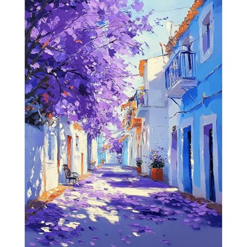 MAXBYE Straßen Landschaft Malen Nach Zahlen Erwachsene, Lila Blumen Paint by Numbers DIY Handgemalt Ölgemälde Kit Leinwand Acrylfarben Painting für Home Decor Geburtstag Geschenk, Ohne Rahmen 40x50cm von MAXBYE
