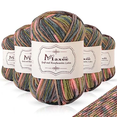 Maxee Handstrickgarn, 5x50 g Häkelgarn, Bunt Farbverlauf Acrylgarn zum Stricken, Weicher Wolle zum Häkeln, Mehrfarbiges Garn zum Stricken Häkeln und Basteln von Maxee