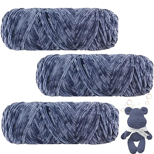 Maxee 300g(3×100g) Samtig Babywolle, Samt Wolle, Samt Chenille Garn, Kuschelweich Chenillegarn, Flauschige Weich Plüschwolle, Häkelgarn Wolle Zum Stricken & Häkeln-Blau grau von Maxee