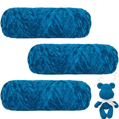 Maxee 300g(3×100g) Samtig Babywolle, Samt Wolle, Samt Chenille Garn, Kuschelweich Chenillegarn, Flauschige Weich Plüschwolle, Häkelgarn Wolle Zum Stricken & Häkeln-Meerblau von Maxee