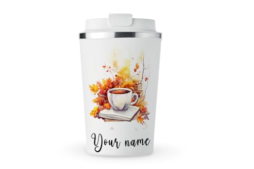 MAXIKIWI - Personalisierter, isolierter, doppelwandiger, auslaufsicherer Edelstahlbecher, Kaffee- oder Tee-Reisebecher mit Deckel, hält Getränke heiß und kalt, Aquarell-Buchecke, 350 ml von MAXIKIWI