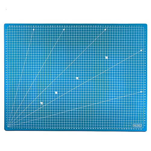 MAXKO Schneidematte 90 x 60 cm, blau, selbstheilend, bediseitig bedruckt, metrische Einteilung/Schneideunterlage/Schreibtischunterlage/ A1/ 90x60/ Winkelmaße 15° von MAXKO