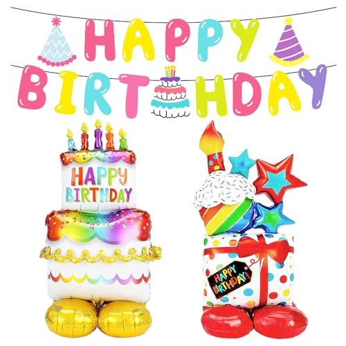 2 Stück Geschenk- Und Kuchen-Stehballons Mit 1 Stück Zugfahne, Aufblasbares Geschenk, Heliumballon, Alles Gute Zum Geburtstag, Dekoration, Folienballon von MAXQUU