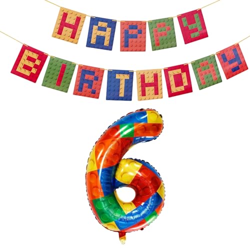 Bunte 32-Zoll-Bausteinballons aus Aluminiumfolie mit einer Baustein-Flagge für Geburtstagsfeiern und Partydekorationen (Nummer 6) von MAXQUU