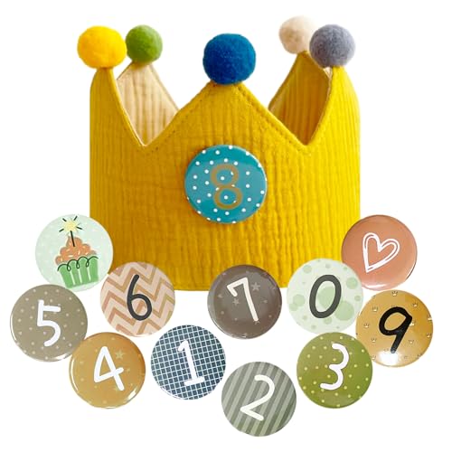 MAXQUU 1 Stück gelber Geburtstagskronenhut mit Nummernabzeichen, Musselin-Partyhut, Dekoration für Kindergeburtstagsveranstaltung, Geburtstagskrone für Jungen und Mädchen von MAXQUU
