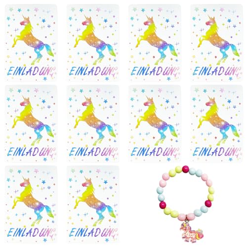 MAXQUU 12 Regenbogenpferd-Einladungskarten und 1 Armband, glitzernde Dekorationskarten, Kindereinladungen, Einladungen für Jungen und Mädchen, geeignet für Geburtstagsfeiern von MAXQUU