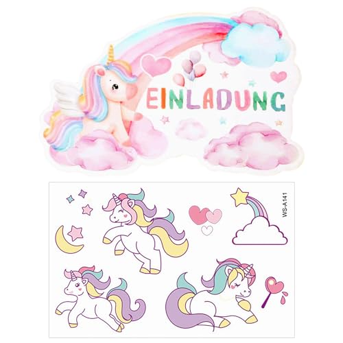 MAXQUU 12 Stück Regenbogen-Pferd-Einladungskarte mit 1 wasserfesten Tattoo-Aufkleber, Cartoon-Geburtstagseinladungskarte, Kindereinladung, Themenparty-Zubehör MAXQUU 12 Stück Regenbogen-Pferd-Einladungskarte mit 1 wasserfesten Tattoo-Aufkleber, Cartoon-Geburtstagseinladungskarte, Kindereinladung, Themenparty-Zubehör von MAXQUU