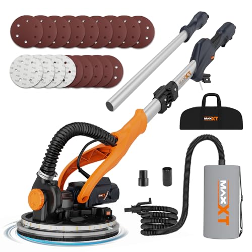 MAXXT 820W Trockenbauschleifer mit Ring-LED-Beleuchtung | Klappgriff + Verlängerungsrohr(bis 165cm) | 215mm Schleifplatte & 225mm Schleifpapier | 600-1900 U/min | six dust bag von MAXXT