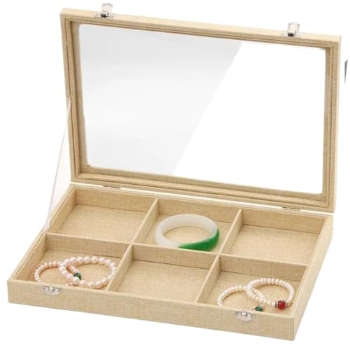 Makeup Organizer Organizer Ohrring Ring Aufbewahrungskoffer Halskette Armband Anhänger Ständer Mit Klarem Glasdeckel Leinen Schmuckschatulle Schmuck(35 * 24 * 5cm)(Type-A) von MAYINGLON