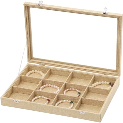 Makeup Organizer Organizer Ohrring Ring Aufbewahrungskoffer Halskette Armband Anhänger Ständer Mit Klarem Glasdeckel Leinen Schmuckschatulle Schmuck(35 * 24 * 5cm)(Type-B) von MAYINGLON