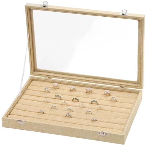 Makeup Organizer Organizer Ohrring Ring Aufbewahrungskoffer Halskette Armband Anhänger Ständer Mit Klarem Glasdeckel Leinen Schmuckschatulle Schmuck(35 * 24 * 5cm)(Type-F) von MAYINGLON