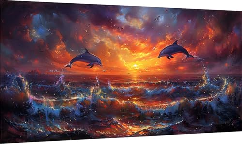 Diamond Painting Erwachsene Groß XXL Sonnenuntergang, Diamant Painting Bilder Delphin, 5D DIY Stickerei Cross Stickerei Bastelset Erwachsene, Diamant Malerei für Deko Wohnzimmer 50x100cm E-7699 von MAYINGOU