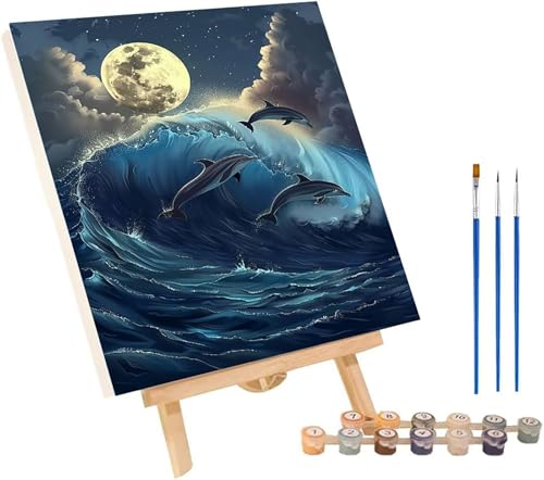 Malen Nach Zahlen Erwachsene Delphin, Malen Nach Zahlen Mond, DIY Handgemalt Ölgemälde Kit Mit 3 Pinseln und Acrylfarbe, Paint by Numbers Basteln Erwachsene, Deko Wohnzimmer Geschenke 70x95 cm 7-9687 von MAYINGOU