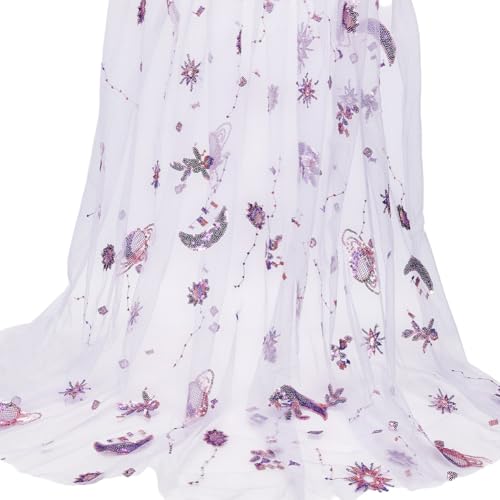 MAYJOYDIY 0.9 m Lila Netz Spitzenstoff 1.5 m Glitzernder Pailletten Tüllstoff Aus Polyester Bestickter Netzstoff Mit Blumenmuster Zum Nähen von Kleidern DIY Basteln von MAYJOYDIY