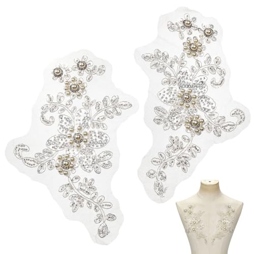 MAYJOYDIY 1 Paar Perlen Strass Spitzen Applikationen 22x14.5cm Patches Mit Strasssteinen Aus Legierung Und ABS Imitationsperlen Für Hochzeitskleid Dekoration Kleidung Kleid DIY Zubehör von MAYJOYDIY