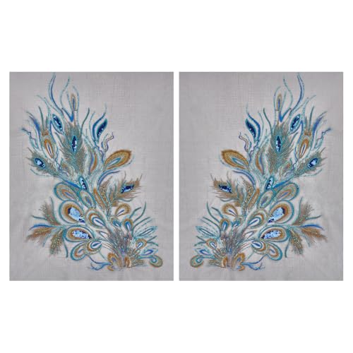 MAYJOYDIY 1 Paar Pfauenfeder-Stickerei-Applikation, blauer Federschwanz, Nähaufnäher, für Bekleidungszubehör, Cheongsam-Hochzeitskleid, Kleid, Brautschmuck, DIY Handwerk (70 x 47 cm) von MAYJOYDIY