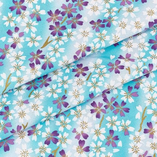 MAYJOYDIY 1 × 1.4 m Hellblauer Japanische Baumwollstoffe Blumen Kirschblüten Quiltstoffe Im Japanischen Stil Bronzing Design Zum Nähen von Kleidung Taschen Tischdecken Sofakissen DIY Bastelarbeiten von MAYJOYDIY