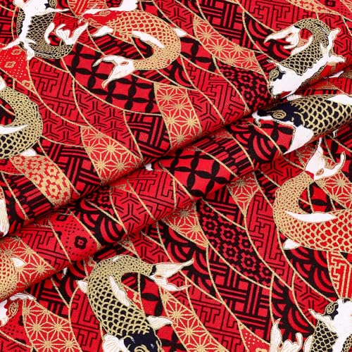 MAYJOYDIY 1 × 1.4 m Rote Japanische Baumwollstoffe Fischwellen Quiltstoffe Im Japanischen Stil Bronzing Design Zum Nähen von Kleidung Taschen Tischdecken Sofakissen DIY Bastelarbeiten von MAYJOYDIY